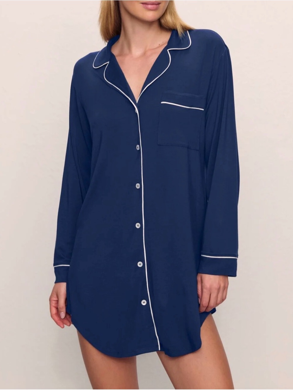 Eberjey Gisele Navy Blue Long-Sleeve Button-Front TENCEL Modal Sleep Shirt